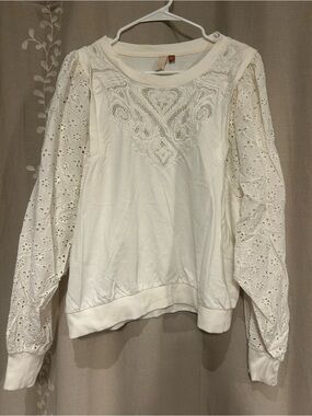 Pilcro White Eyelet Lace Sleeve Pullover